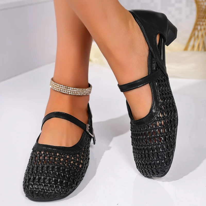 2025 Net Flat Fashion Sandals New Summer Round Head Breathable Non-slip Line Button Mary Jane Fishnet Shoes Ladies Shoes