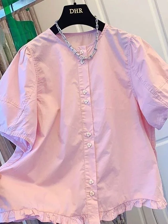 

plus Size Women's Cotton Bubble Sleeve Shirt Sweet Style Short Sleeve Top Breathable Comfortable Summer Casual Fashion