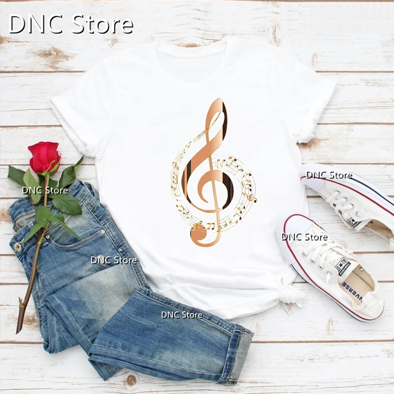 Tee Shirt Femme Cool Guitar, Music Character Graphic Print T-Shirt Women Music Lover Tshirts Fashion Trend Women'S White Tops