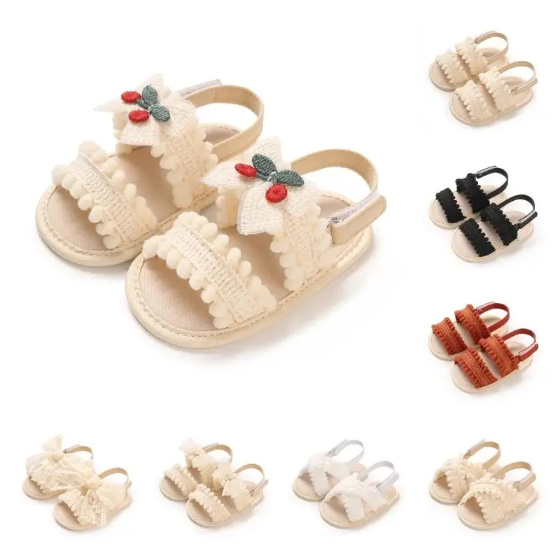

Летние сандалии для девочек 0-18 месяцев, с милым бантиком и вишневым декором, мягкая подошва, дышащие, повседневные и удобные.