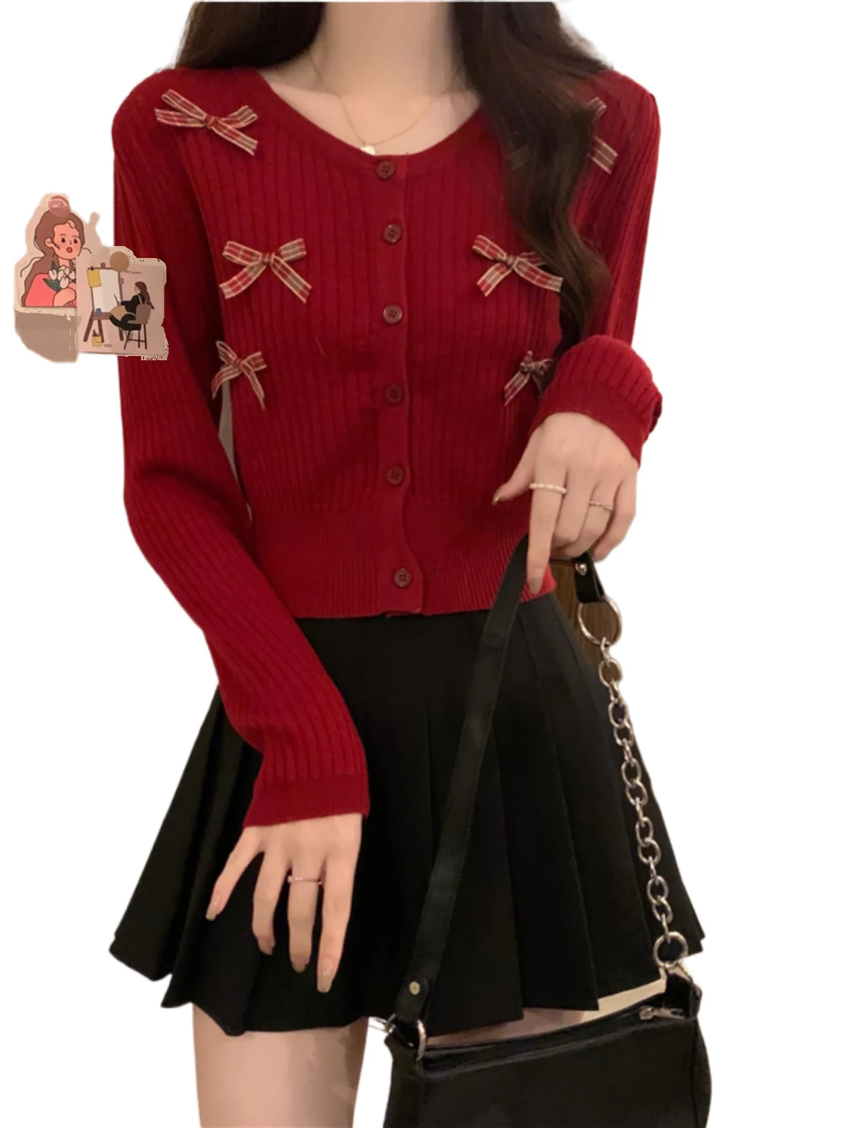

Red Sweet Bow Knit Sweater Women Spring Autumn Single Breasted Cardigan Korean Style Round Neck Versatile