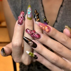 10Pcs Handmade Manicure Long Almond Fake Nails 2024 Cute Ballet Limited Nails Press On Nails Design with Adhesive Nail File Set