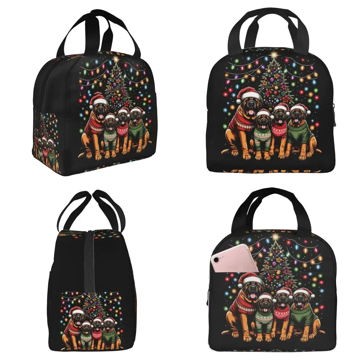 Mastiff Dog Family Light Christmas Tree Insulated Lunch Bag for Kids School Cooler Thermal Food Box Tote Lunch Boxes Container