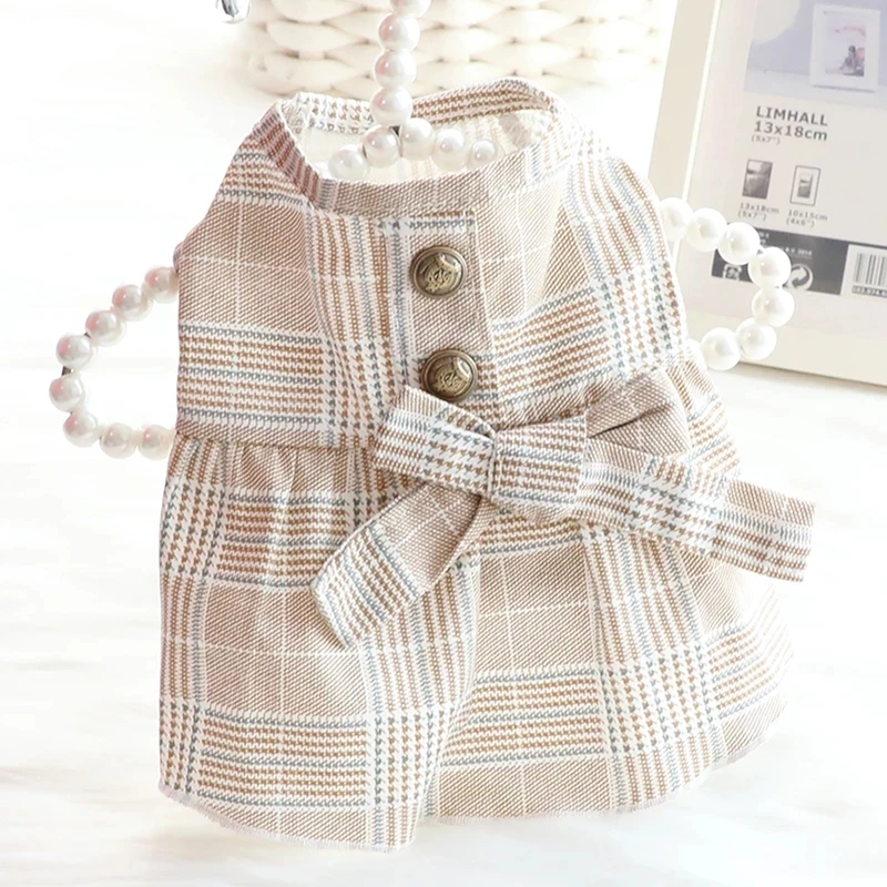 Summer Shirt for Dogs Bowknot Pet Cat Dress Korean Style Light Weight Teddy Bichon Soft Khaki Clothes for Dogs