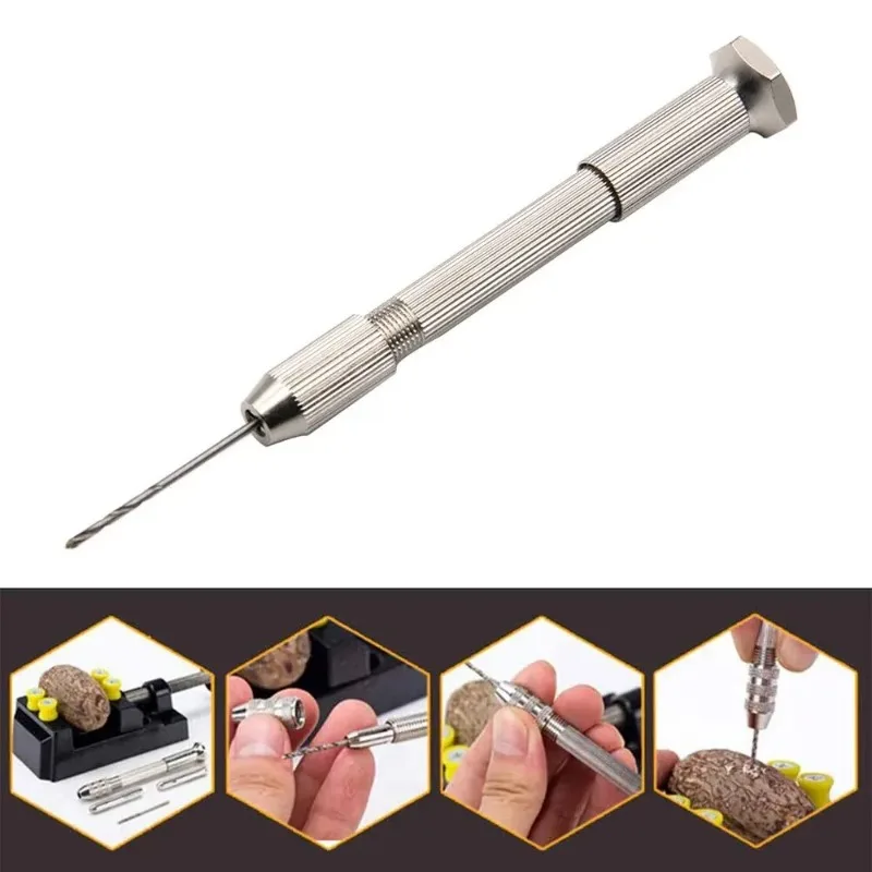 ZEXEF Silver Single Head Hand Twisted Drill Handle 10pc Small Tool Set DIY Hole Punching Art Play Amber Walnut Manual Hole Open