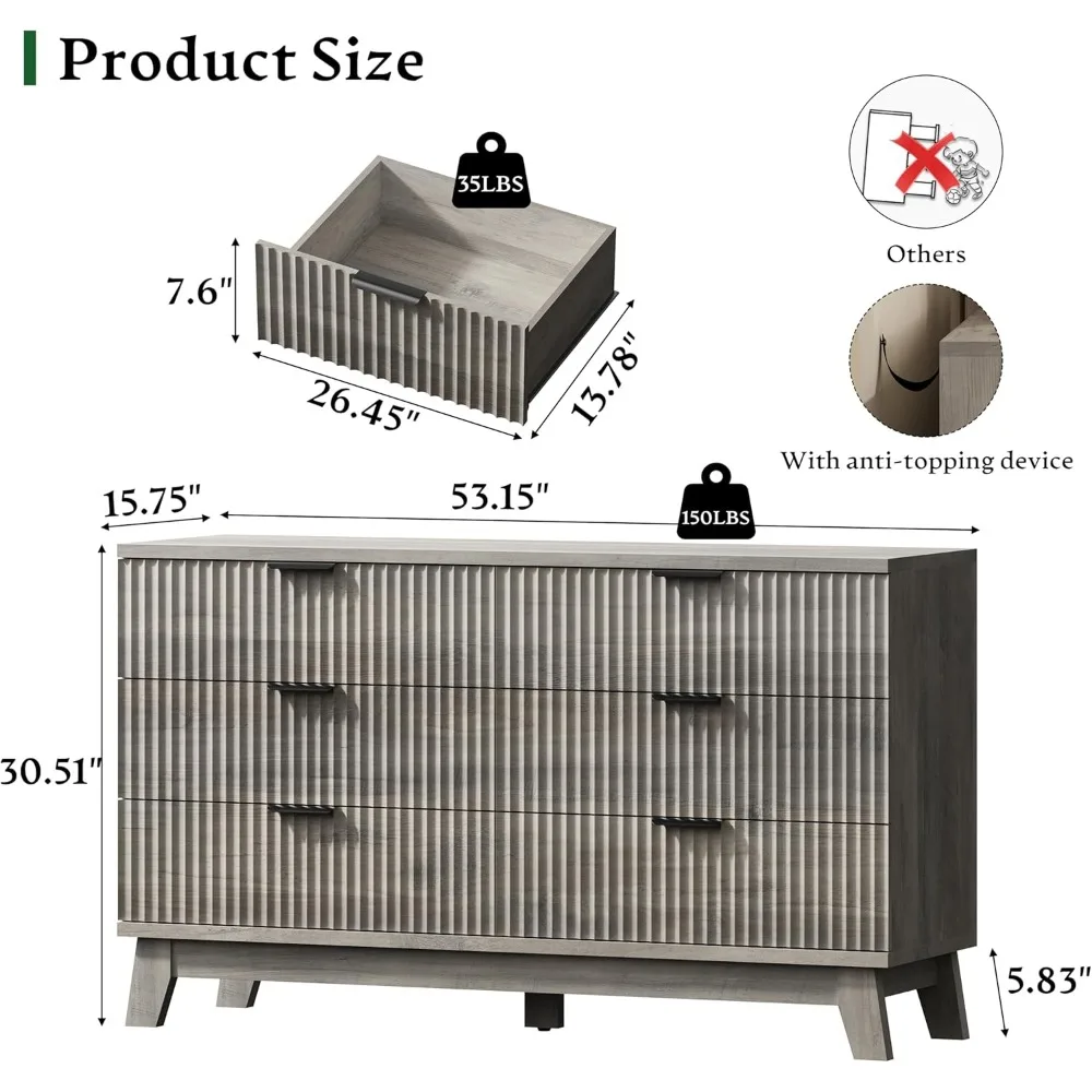 Exquisite Fluted Dresser with 6 Drawers, 54 Wide Modern Chest of Drawers with Metal Handle, Wooden Dresser TV Stand, Wood Closet