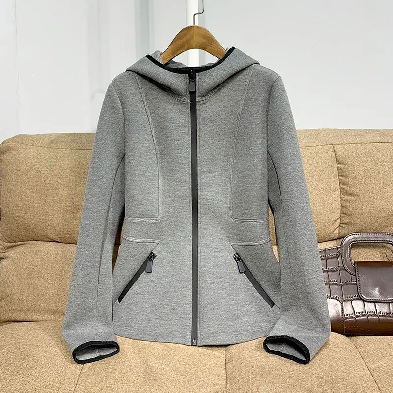 

Модные серые прямые толстовки, женский кардиган неправильной формы с капюшоном и воротником на молнии, пальто, трендовая Повседневная Свободная Толстовка на три сезона