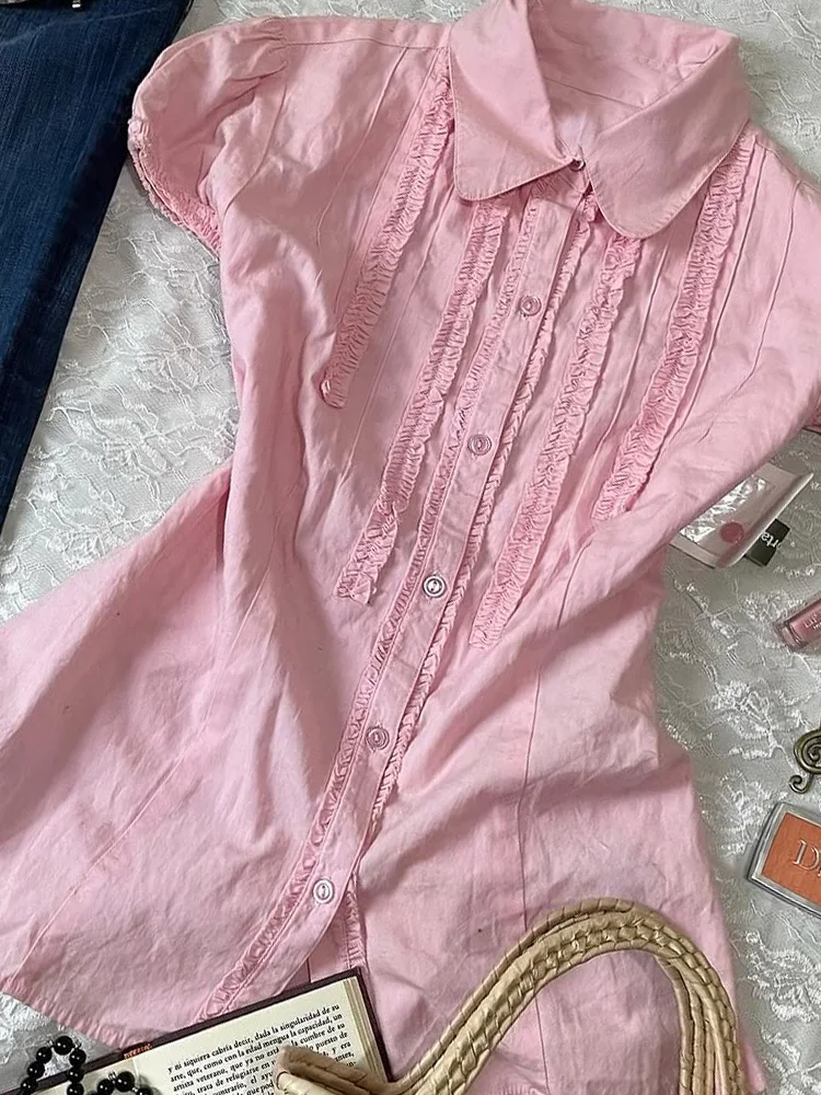 

Romantic Pink Collared irt Women's Original Design Summer Faionable Button up Cotton Blend ort Sve Ne