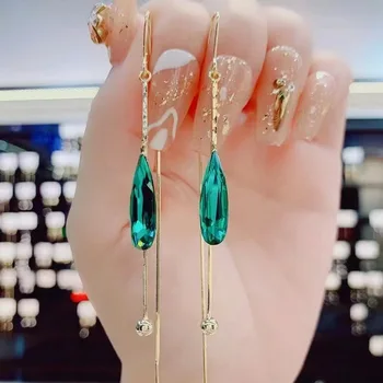 Koreaanse Mode Zirkoon Groene Water Drop Oorbellen voor Vrouwen Kristal Lange Hanger Temperament Oorbel Meisjes Bruiloft Sieraden