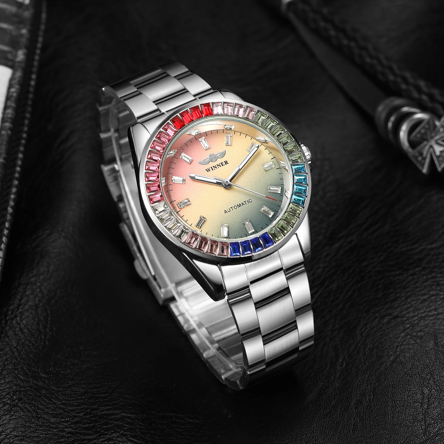 Winner 002A Men\'s Automatic  Watches Diamonds Watch Male  colorful Skeleton Waterproof Stainless Steel Top Brand Clock