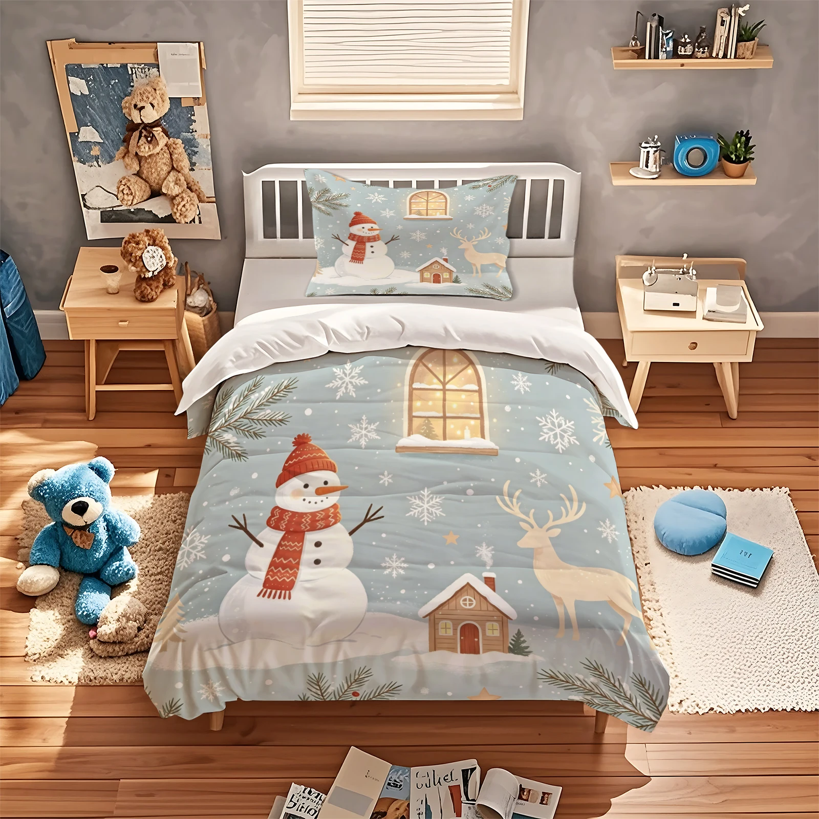 Winter Christmas Duvet Cover Set Snowman Deer Snowflake Print Microfiber Bedding Set Duvet & Pillowcase Set Home Bedroom Decor