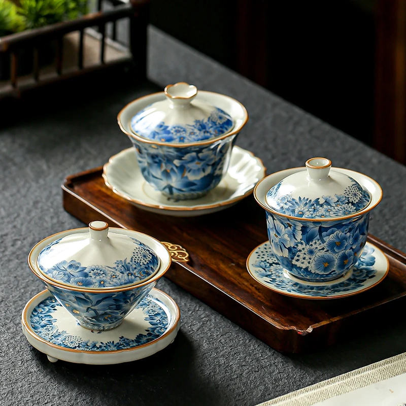 High-quality Retro Ru Kiln Tea Tureen Ceramic Sancai Cover Bowl Tea Maker Gaiwan Can Raise Kung Fu Teaware