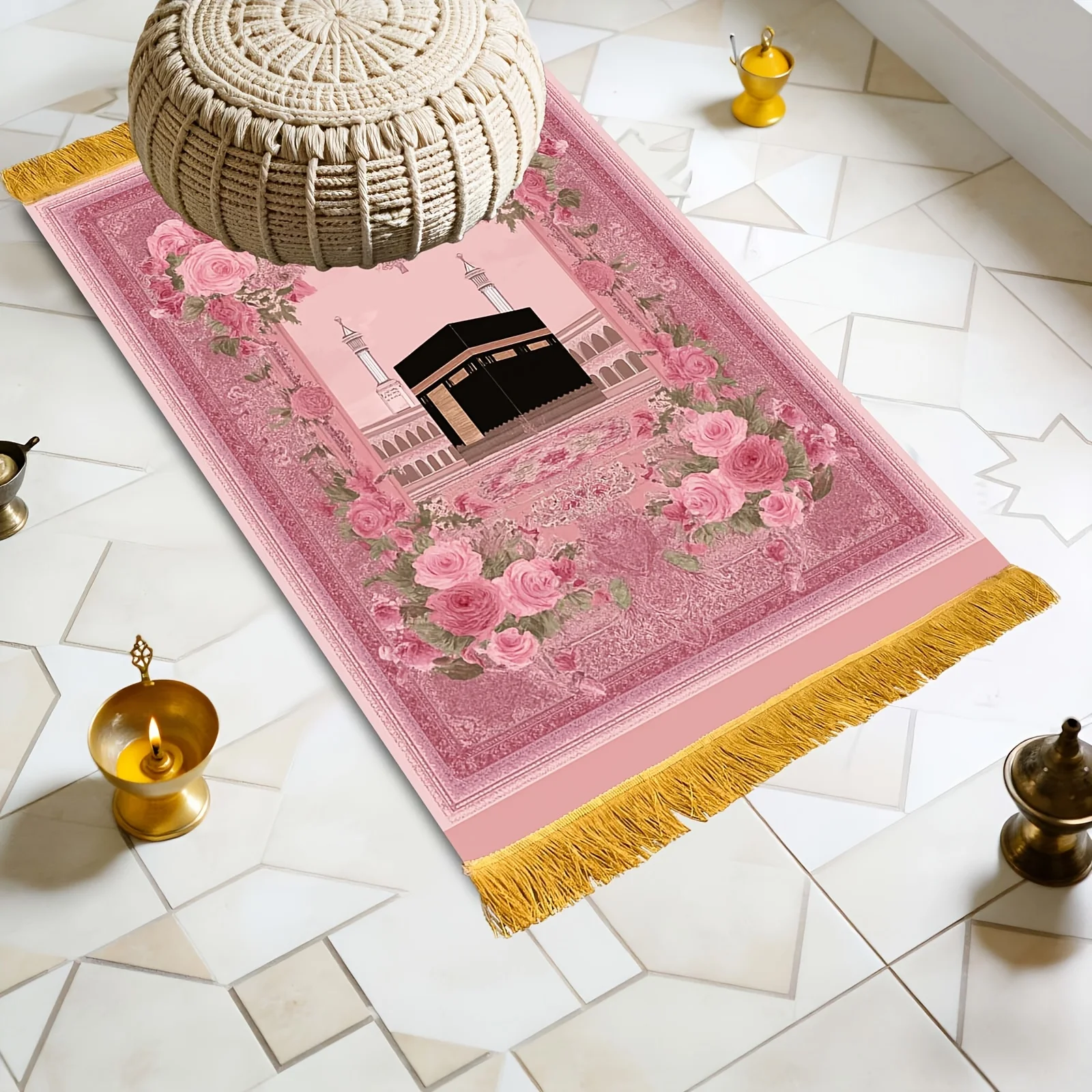 VIKAMA Tragbarer Waschbarer Reise-Gebetsteppich, Rosa Blumenmuster Moschee-Design, Faltbare Matte für Islamisches Salah, Eid-Geschenk, Muslimischer Ramadan