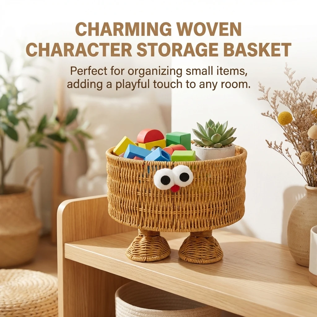 

Rattan Style Snack Organizer Basket With Minion Design For Home Use