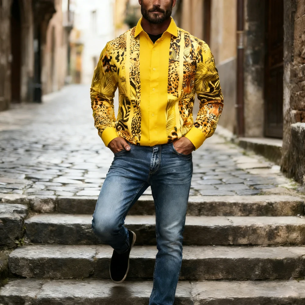 Men's Retro Casual Long Sleeve Shirt Colorful High Definition Printed Shirt Hawaiian Vacation Social Men's Clothing Quick-Drying