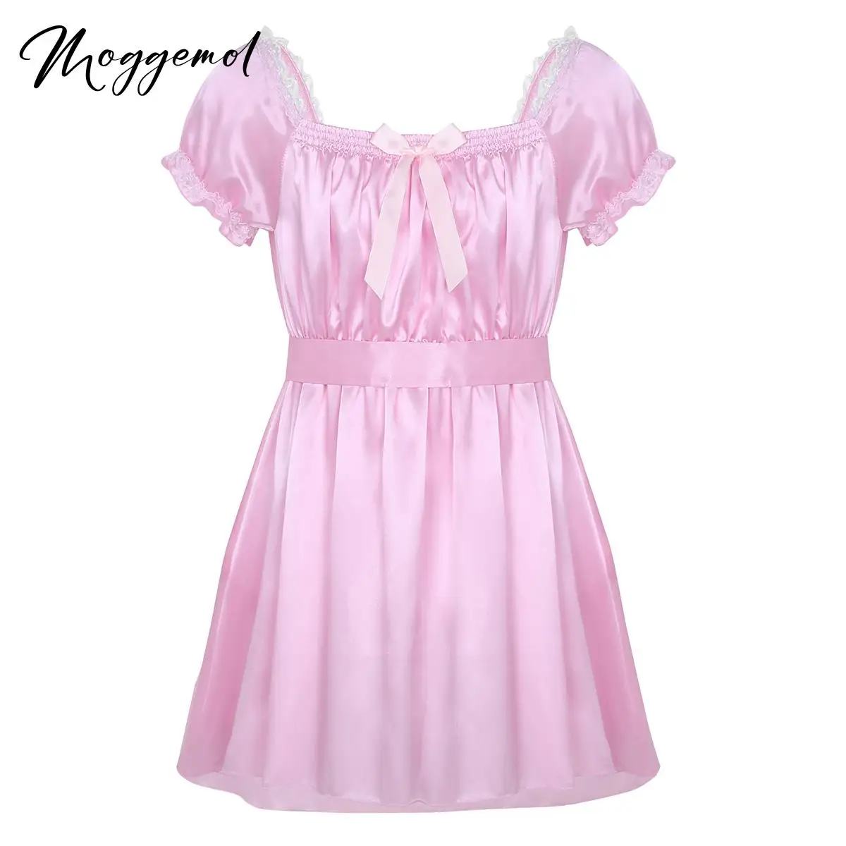 Mens Crossdressing Dress Shiny Satin Crossdresser Maid Dress Square Neck Short Sleeves Sissy Nightwear Underwear Nightdress