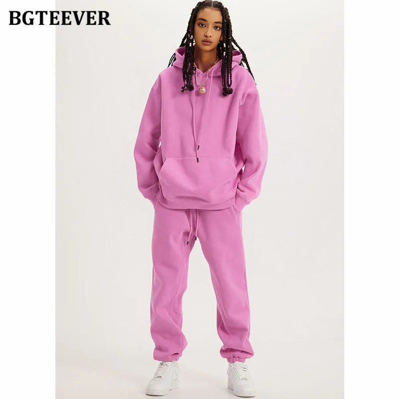 BGTEEVER Women Tracksuits Thicken Fleece Hoodies and Harem Pants Ladies Warm Trousers Set Winter Women Sweatshirts Set 25 Colors