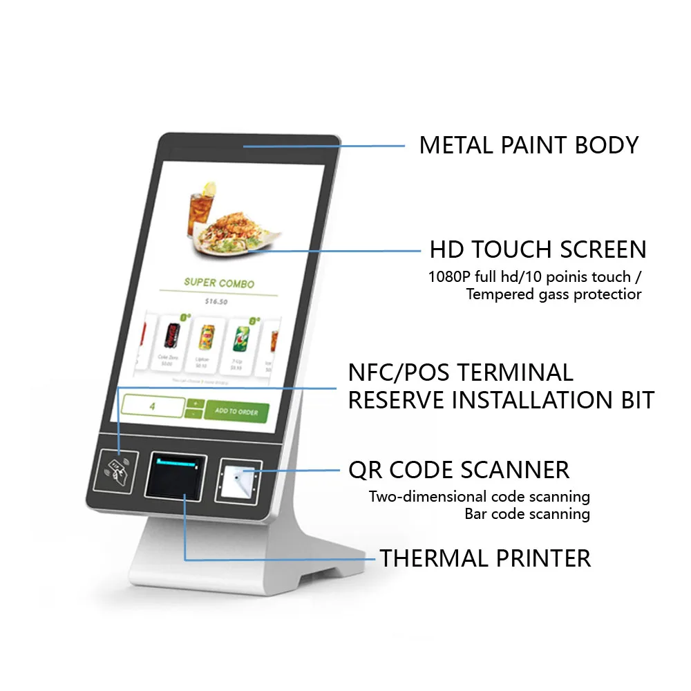 

Stand or Wall Mount Food Ordering Kiosks Self Service Payment Kiosk Restaurant 21.5 Inch POS Terminal Holder Floor