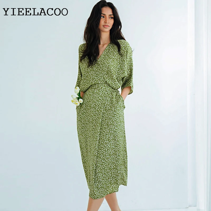 

Зеленое платье с цветочным принтом 2026, весенне-осеннее женское платье, цельное женское классическое платье для отдыха и отпуска