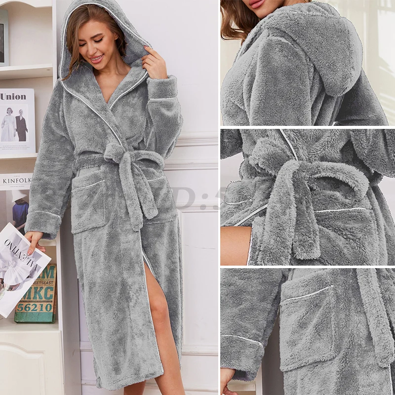 

Autumn Winter Hooded Long Robe Flannel Thickened Bathrobe Kimono Gown Female Couple's Nightgown Coral Fleece Sleepwear Home Wear