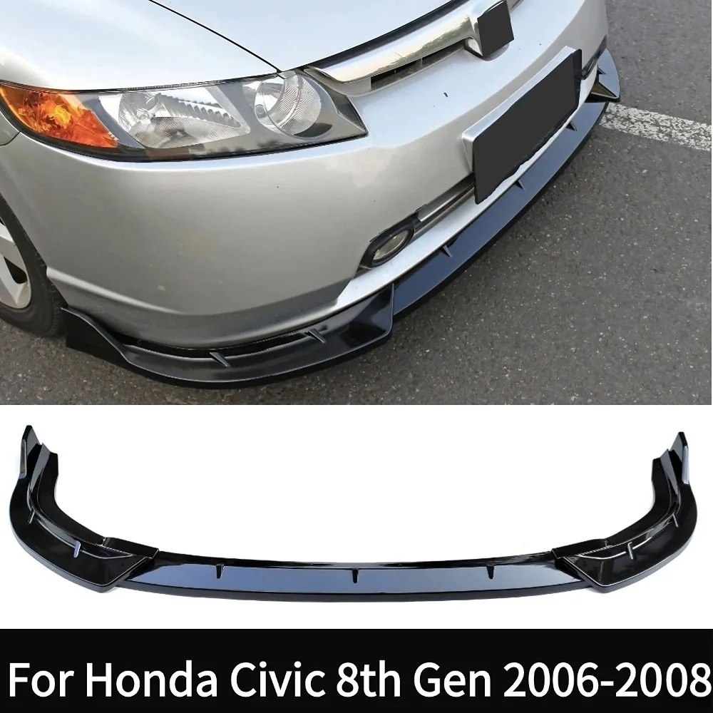 For 2006-2008 3PCS Honda Civic 8th Gen Front Bumper Lip Spoiler Splitter Glossy Black Car Accessory