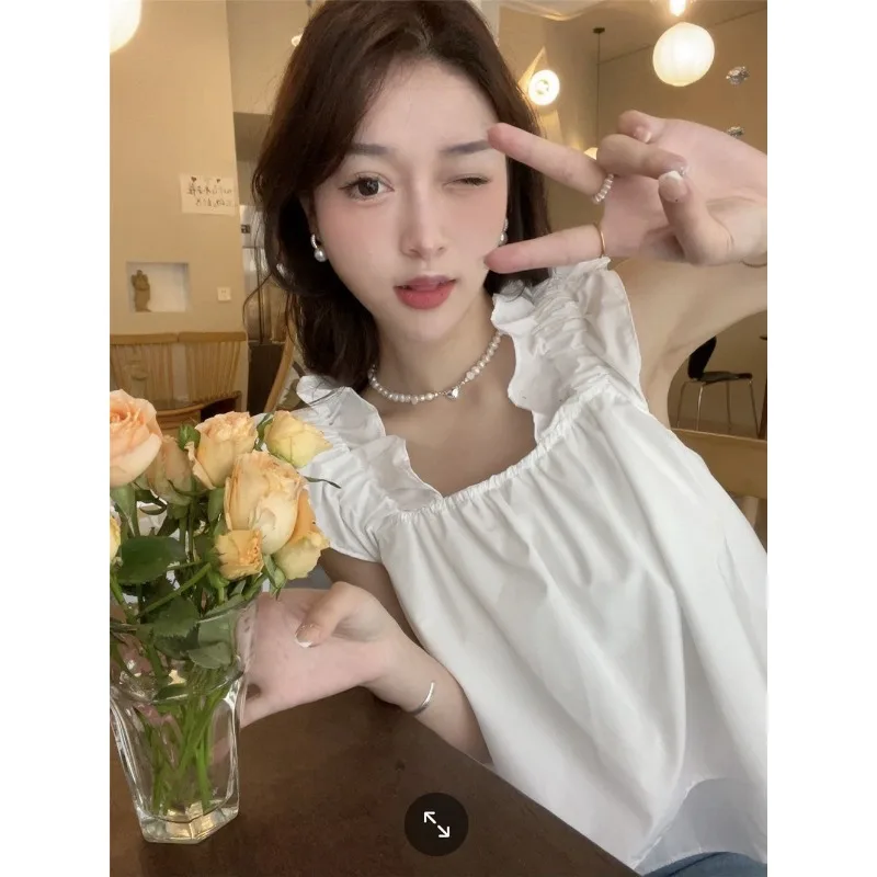 

Solid Color Doll Ear French Summer New Sleeveless Korean Version Sweet Vest Crop TopYY169