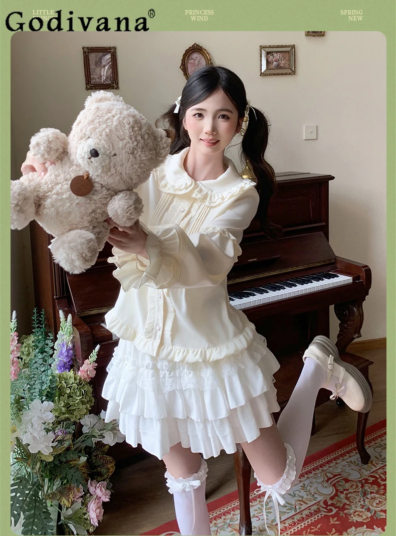 الخريف الحلو فتاة لينة اليابانية الأصلية لوليتا الداخلية طبقة مزدوجة دمية طوق فستان القوس كم طويل قاعدة قميص المرأة الأعلى