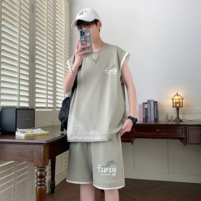 2025 Summer Ice Silk Men's Workout Set  Cooling Sleeveless Top & Shorts Two Piece Athletic Gym Running Breathable Outfit