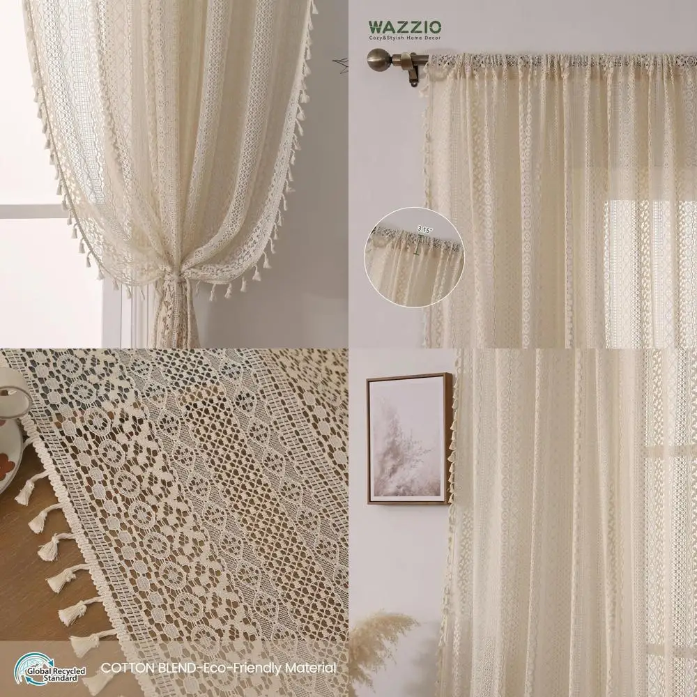 

90 Long Vintage Lace Curtains with Tassel Trim - Privacy Sheer Crochet Panels for Home (Set of 2, W59 x L90)