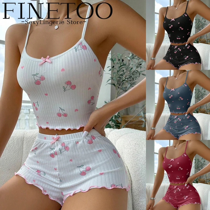 Sleepwear Women's Summer Pajama Set Heart Cherry Print Sexy Ribbed Bow Decor Round Neck Backless Crop Cami Top & Short Nightwear