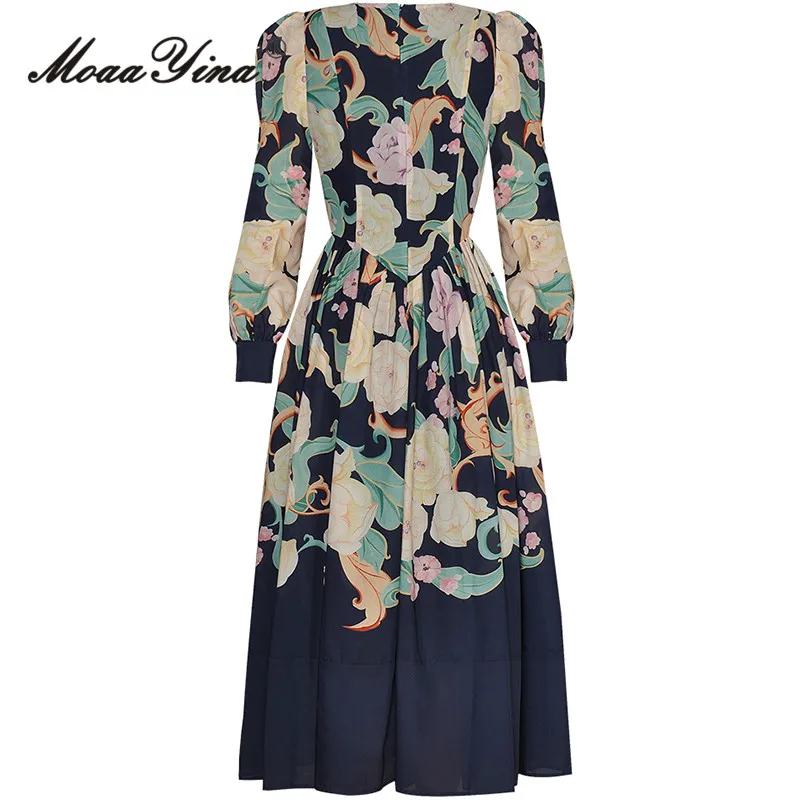 MoaaYina Autumn Fashion Designer Vintage Floral Print Dress Women O Neck Lantern Long Sleeve High Waist Slim Pleated Long Dress