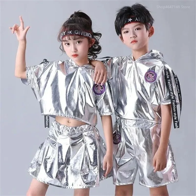 Kid Kpop Hip Hop Clothing Silver short sleeve Jacket Casual Pocket Jogger Pants for Girl Boy Jazz Dance Costumes Clothes Set
