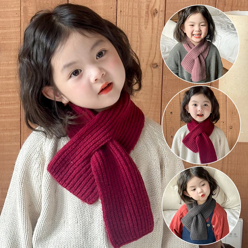 Solid Color Woolen Knit Scarf for Children Cross Neckerchief Fashion Kids Scarves Boy Girl Winter Warm Neck Covers Baby Scarves