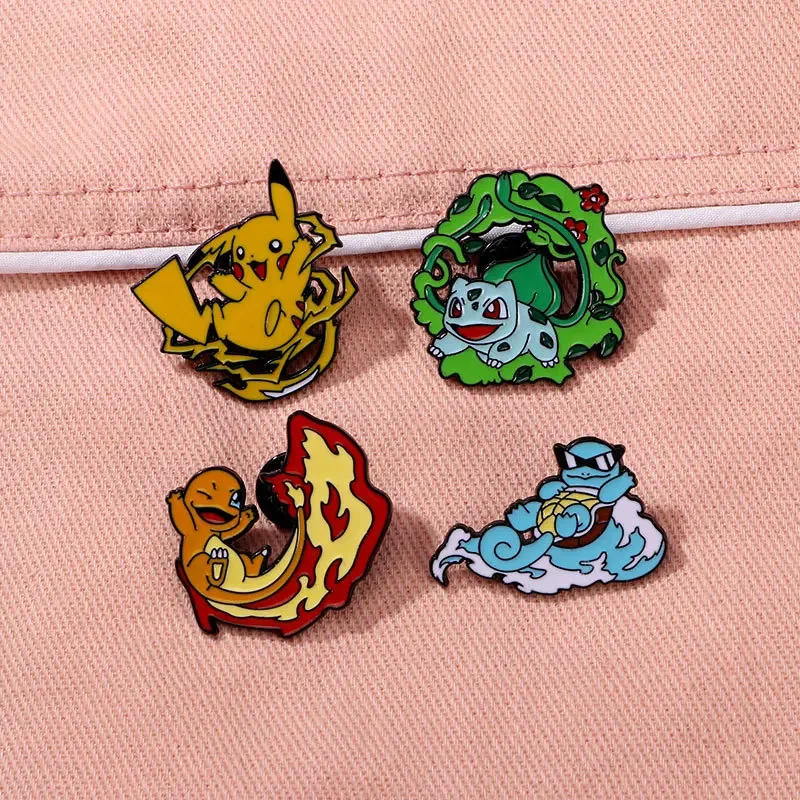 4 Pcs/set Pokemon Pikachu Lapel Pin Cartoon Cute Lapel Pin Charmander Bulbasaur Squirtle Enamel Pin Metal Badge Accessories Gift