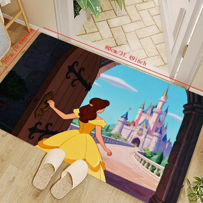 

1PC Cartoon Princess Belle & Enchanted Castle Scene Floor Mat, Beauty and the Beast Inspired Soft Non-Slip Washable Decorative D