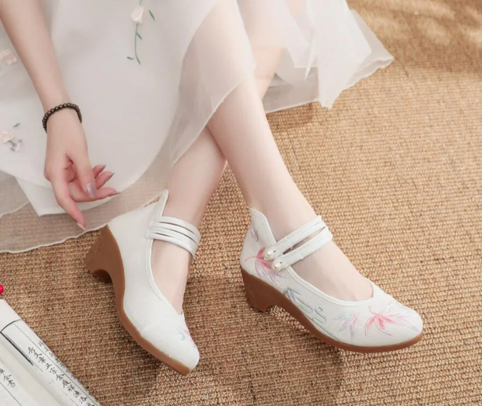 Women Ankle Button Strap Pumps Ethnic Embroidery Mary Jane Dress Shoes Mid Heel Cotton Fabric Espadrilles Vintage Sandals