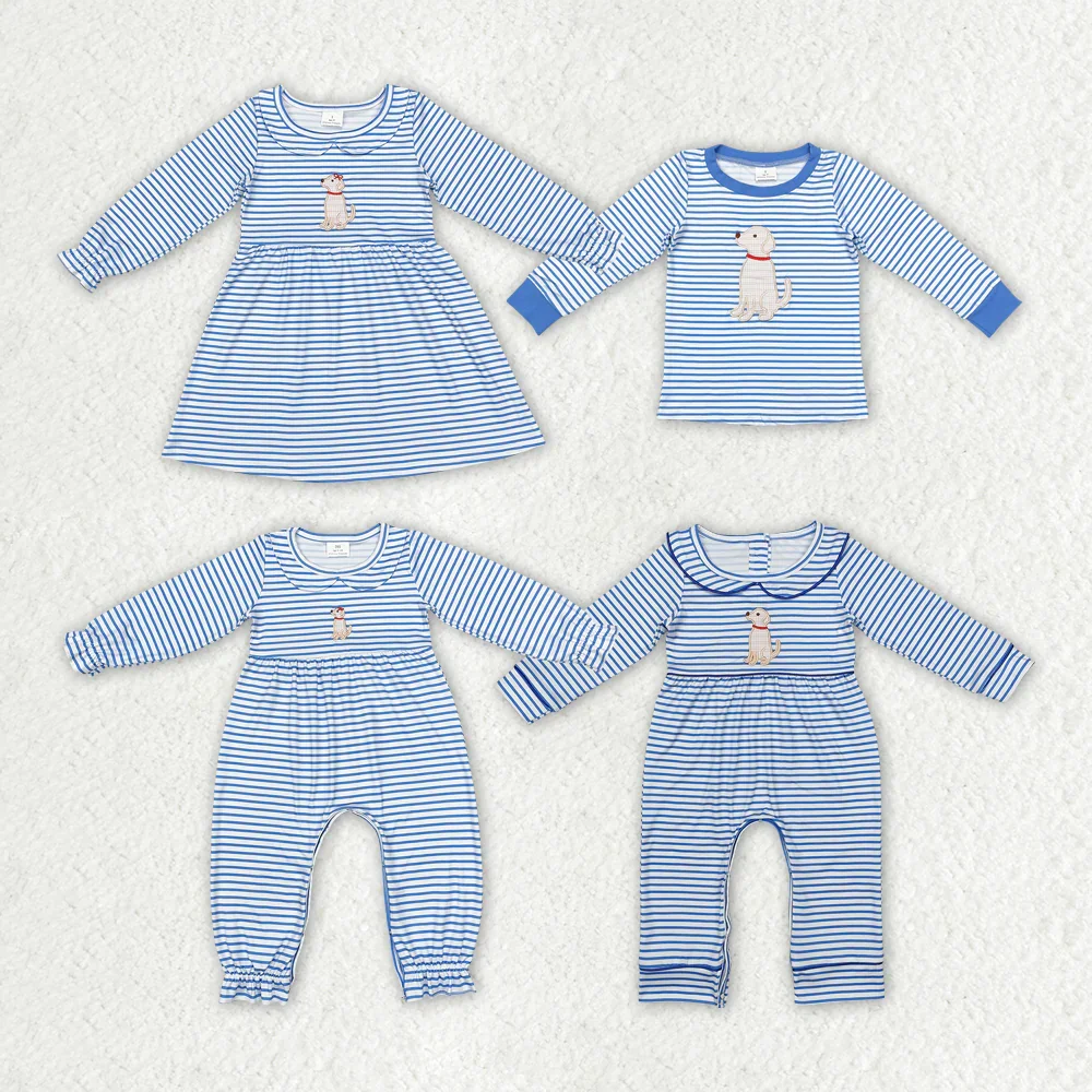 

LR1447 Wholesale baby rompers match kids clothes boys Embroidery puppy long sleeve romper Summer Boutique baby boy clothes