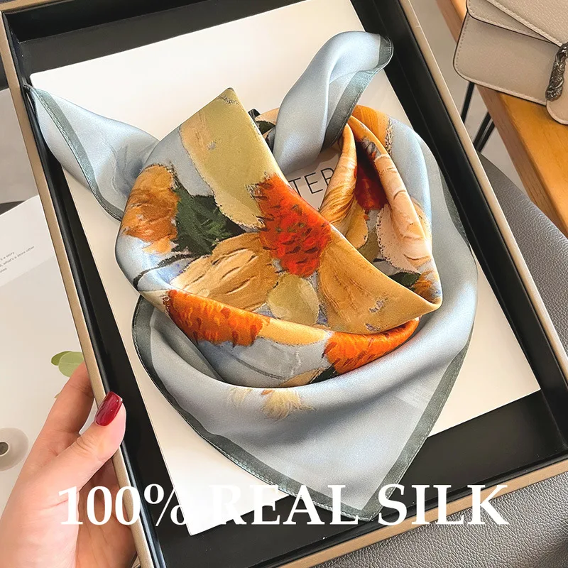 

2026 100% Real Silk Scarves Women Square Scarf Foulard Neck Hair Design Printed Head Kerchief Fashion Girl Scarf New Neckerchief