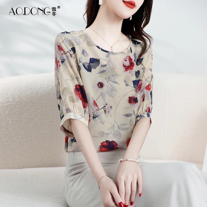 Senior silk top female silkworm silk T-shirt round neck sweet half-sleeve printed small shirt casual temperament summer fashion