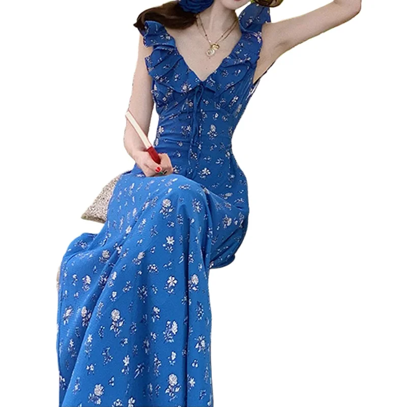 Royal Blue Printing Floral Camis Dress