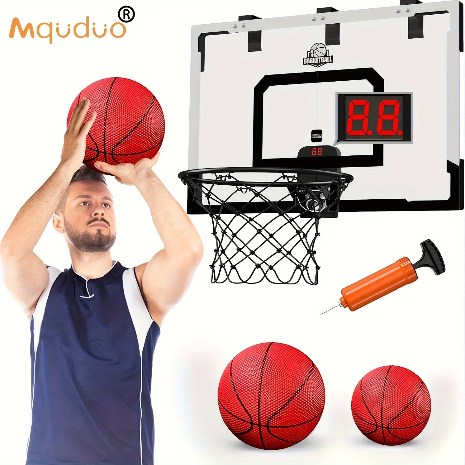 MQUDUO Electronic Basketball Goal Set, Door Mounted Backboard with Shock Absorbing Rim for Home Court Shooting Accuracy Training