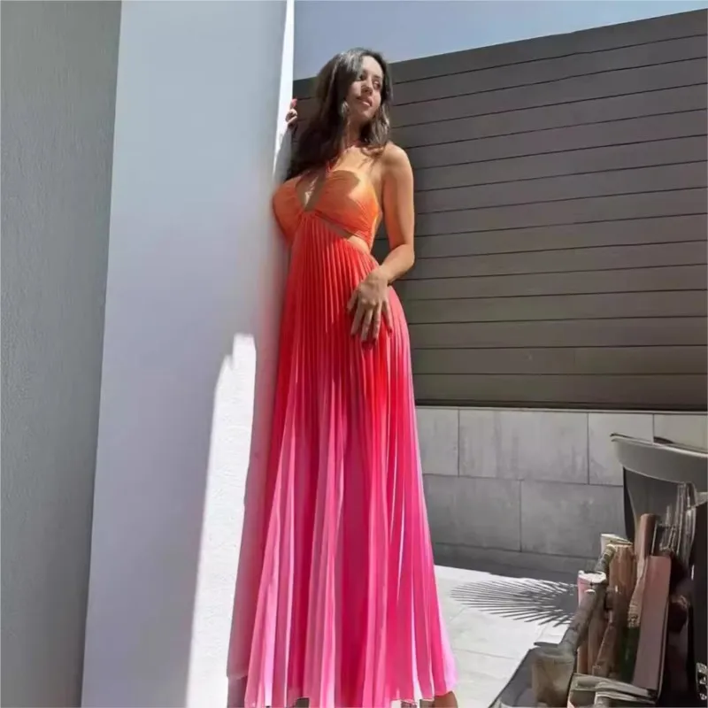 مثير التدرج فستان مناسبات المرأة مثير قطع عارية الذراعين ماكسي فساتين الشاطئ الصيف عادية فضفاض مطوي بوهيميا وتتسابق
