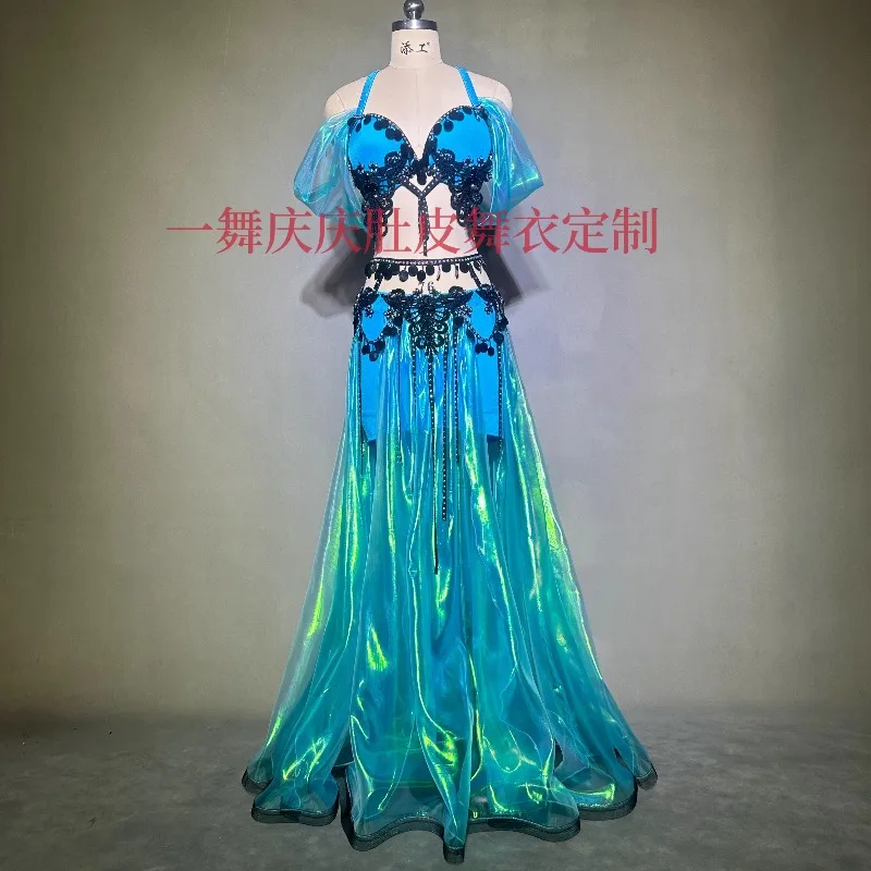 Aangepaste buikdansjurk Dames Oost-Egyptische Indiase dans Oceaan Fantasie Blauwe set Prestatiewedstrijdkostuums