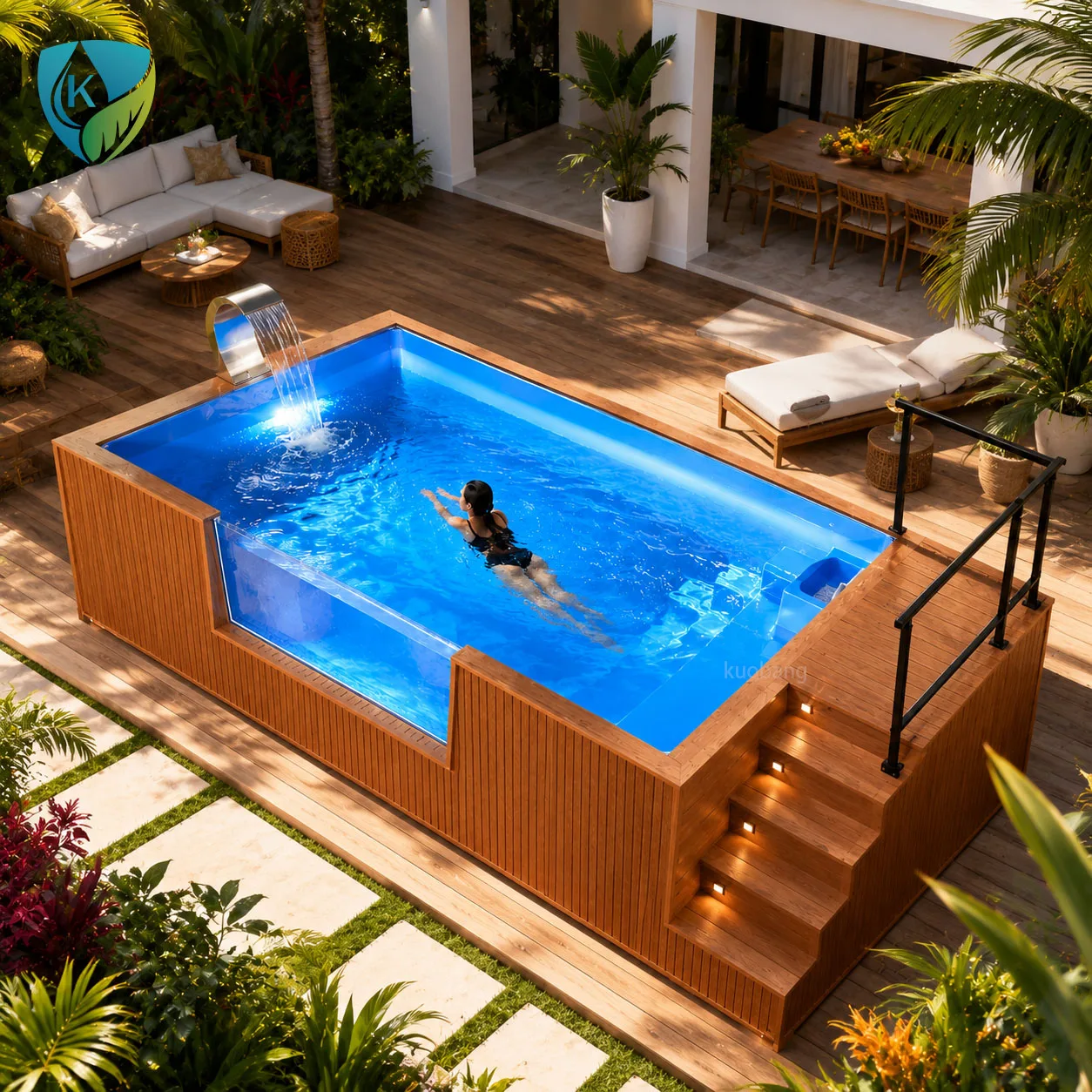 Prefabricated Fiberglass Above Ground Swimming Pool with Rectangular Design One Piece Pool Shell and Filtration System for Hotel