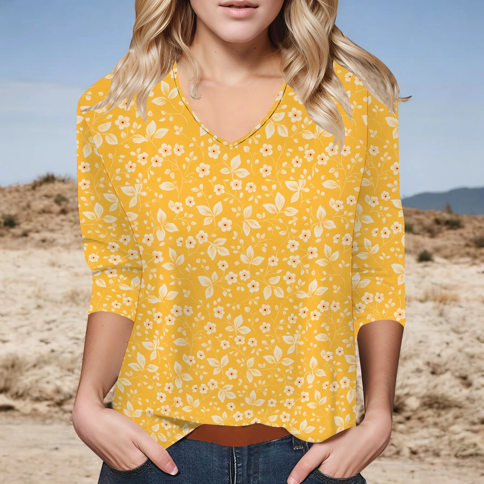Womens 3/4 Sleeve V Neck T Shirts Summer Casual Tops Basic Tees