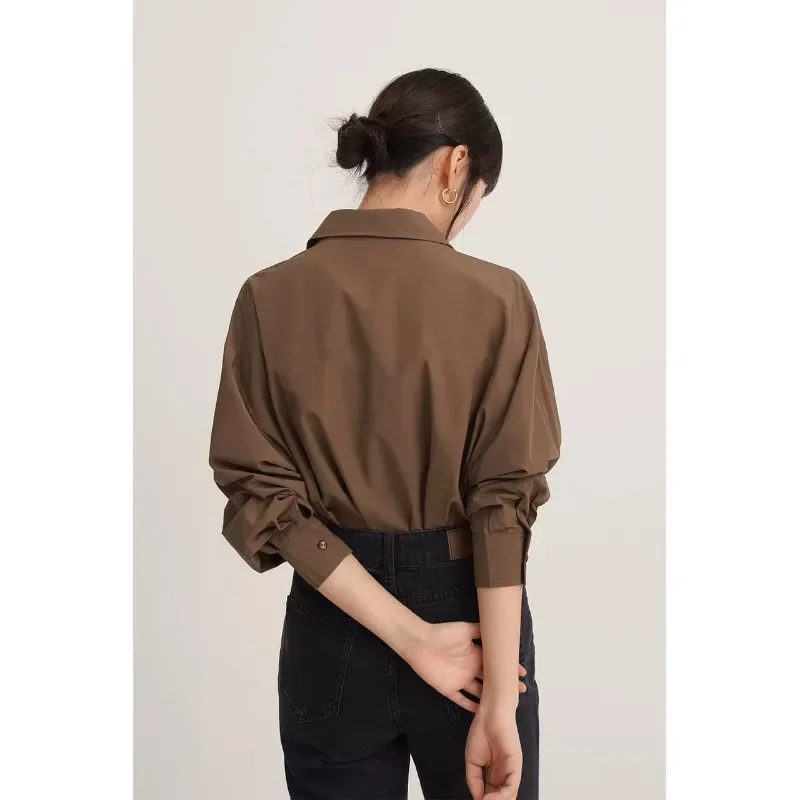 Deeptown Vintage Brown Shirts Women Blouses Office Wear Long Sleeve Elegant Ladies Casual Korean Fashion Loose Autumn Shirts