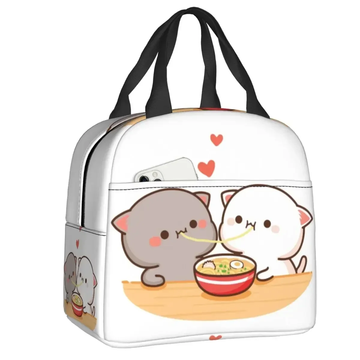 Peach and Goma Mochi Cat Eating Ramen Thermal Insulated Lunch Bags Women Resuable Lunch Container Outdoor Storage Food Bento Box