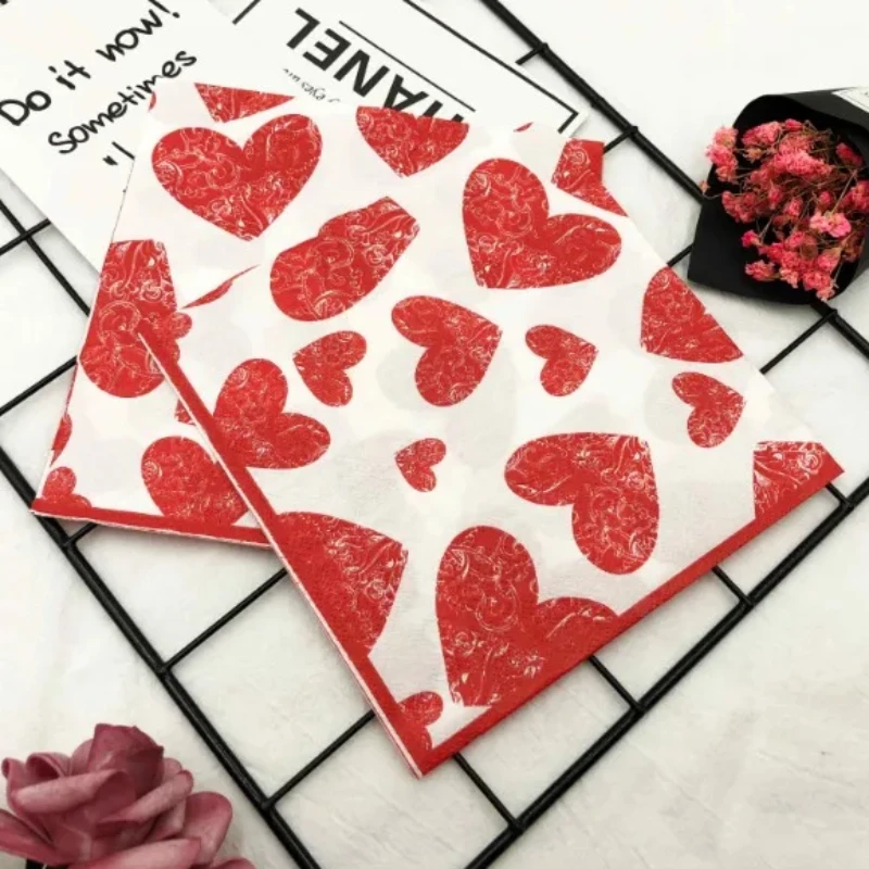 Heart Shaped Colourful Printed Napkin Wedding Valentine\'s Day Facial Tissue Proposal  Decoration Wine Glass Flower Paper 20pcs/P