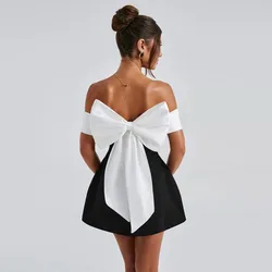 Fashion Design Backless 3D Big Bow Deco Mini Dress Strapless Off Shoulder Black White Contrast Dresses Elegant Party Club Gown