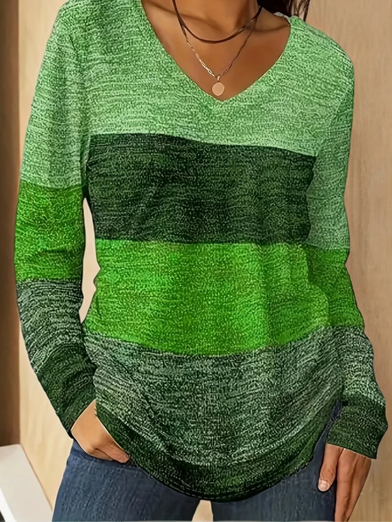 

Plus Size 1XL-5XL Women's All-Season Casual V-Neck Color Block T-Shirt Women Fashion Long Sleeve Striped Top Comfort Clothing